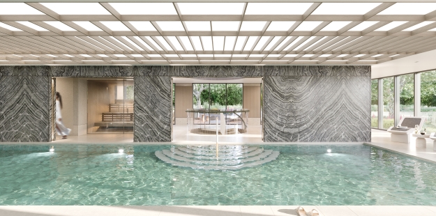 Foto van een overdekt zwembad met daarin een trap en een doorgang naar een sauna rechts of een trap naar beneden